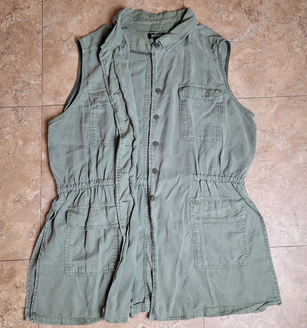 Utility Vest Women XL Green Sleeveless Zip Drawstring Waist Pocket Casual Jacket